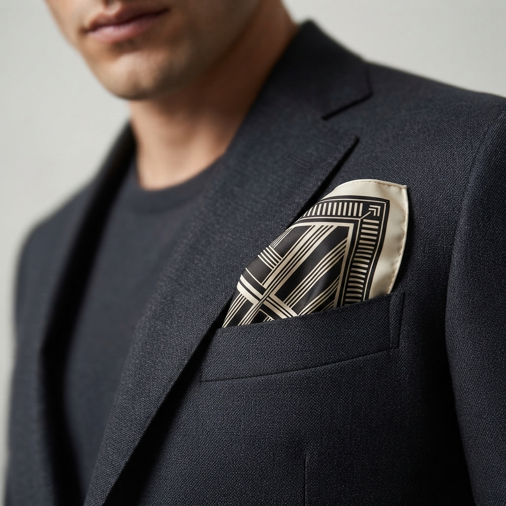 Close-up of the ARDEN black and cream striped bandana folded as a pocket square in the breast pocket of a charcoal suit jacket
