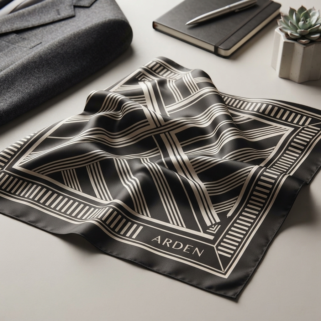 ARDEN black and cream striped bandana laid loosely on a light desk beside a notebook, pen, blazer, and succulent, with the ARDEN name on the border