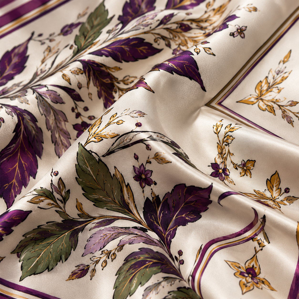 Macro close-up of ARDEN Signature Collection fabric draped, revealing intricate purple and gold botanical patterns and luxurious texture.