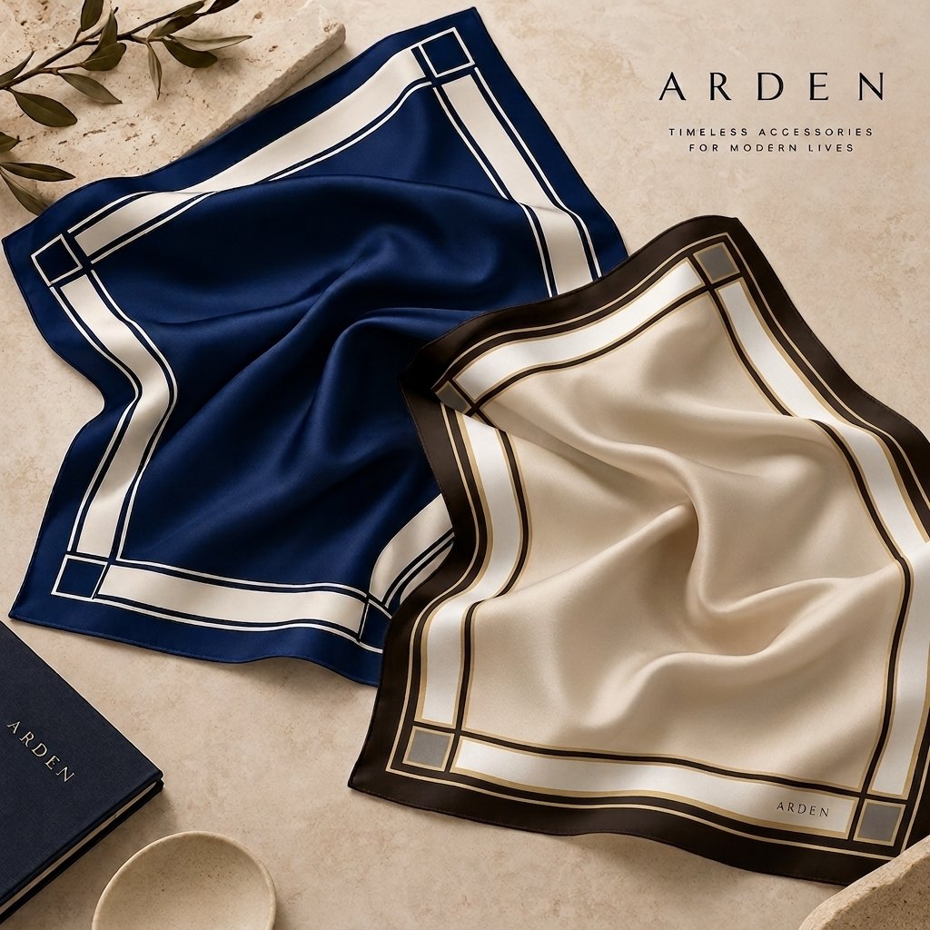 Flatlay of two ARDEN satin bandanas on a stone surface: a Navy & Beige bandana and a Beige & Brown bandana, each with a contrast border