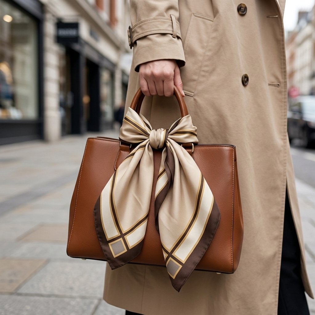Beige & Brown ARDEN bandana tied as a bow on the handle of a brown leather handbag on a city street