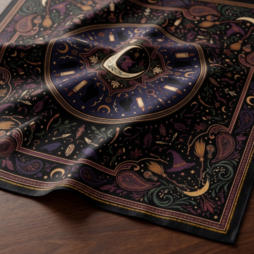 Celestial Halloween bandana fabric detail with a crescent moon medallion and paisley border