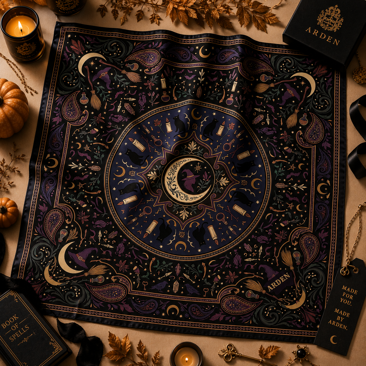 Celestial Halloween bandana flatlay with a moon and paisley pattern, styled with candles and pumpkins