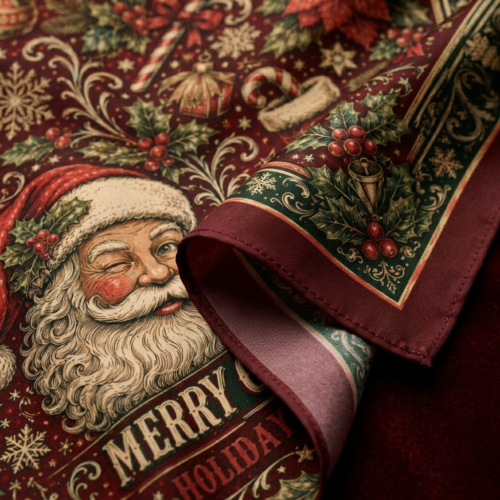 Christmas bandana fabric detail showing the Santa Claus face and holly border