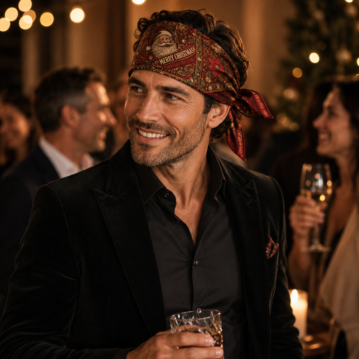 Christmas bandana headband styling worn by a man at an evening holiday party