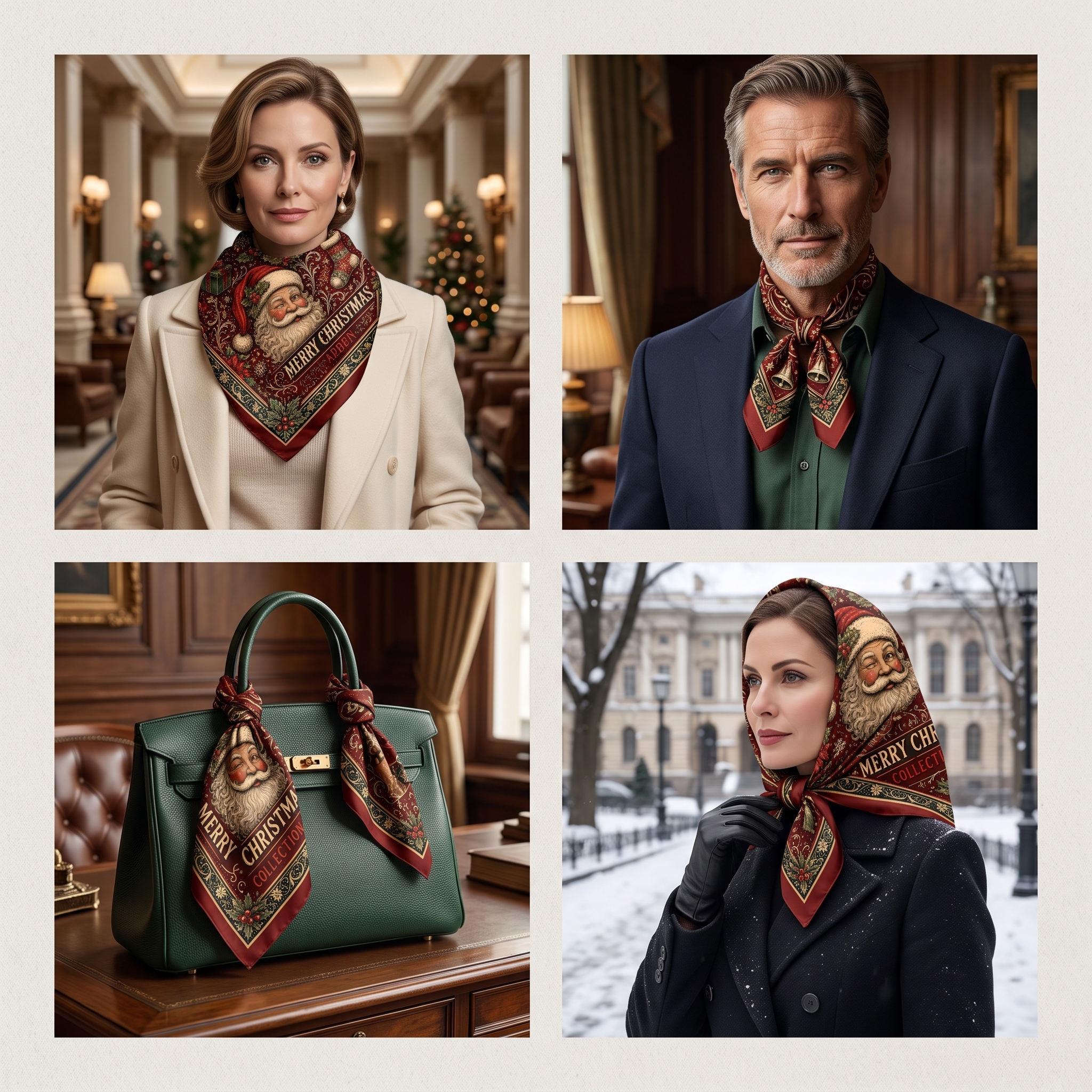Christmas bandana styled four ways, including a neck scarf, a bag accessory and an outdoor headscarf