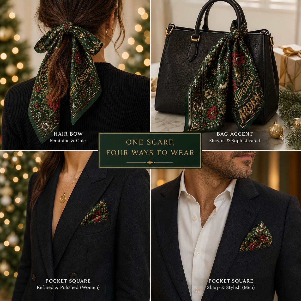 Christmas bandana styled four ways — a hair bow, bag accent and pocket squares