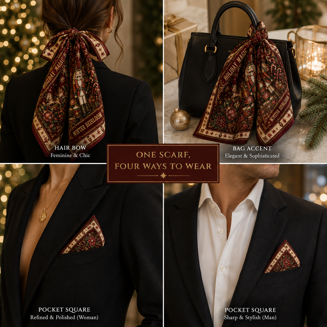 Christmas bandana styled four ways — a hair bow, bag accent and pocket squares