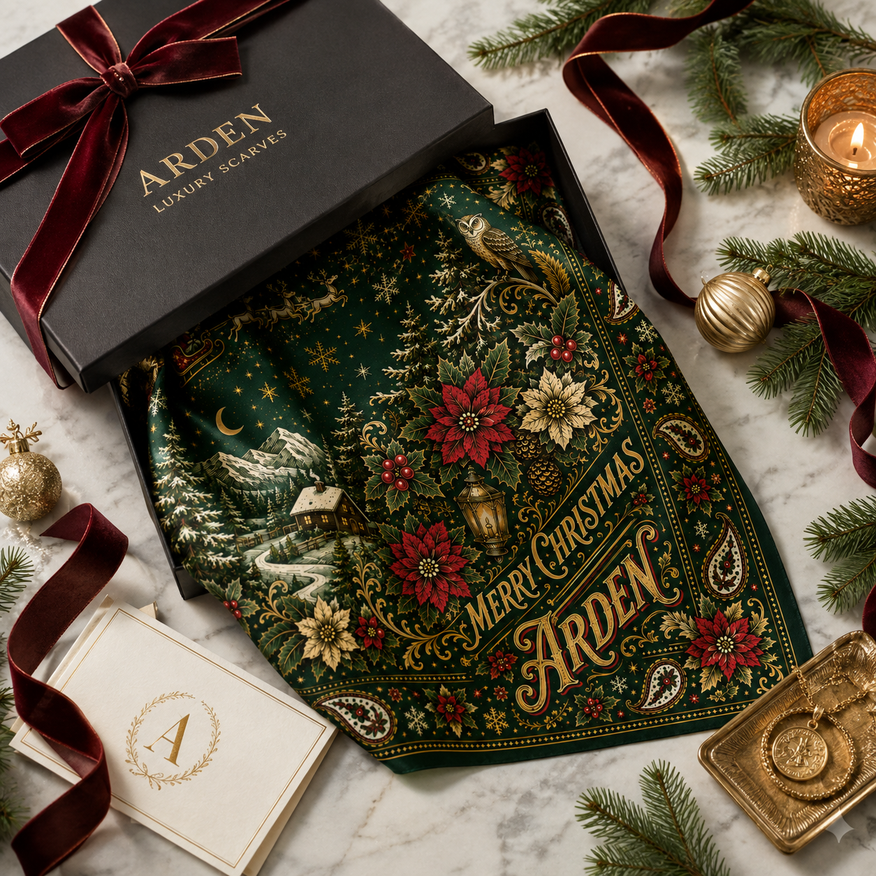Christmas corporate bandana displayed inside an open ARDEN gift box with a ribbon