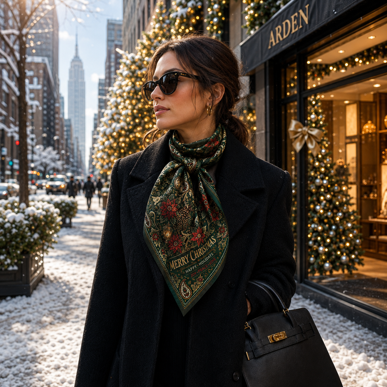 Christmas corporate bandana worn as a neck scarf by a woman on a snowy New York street