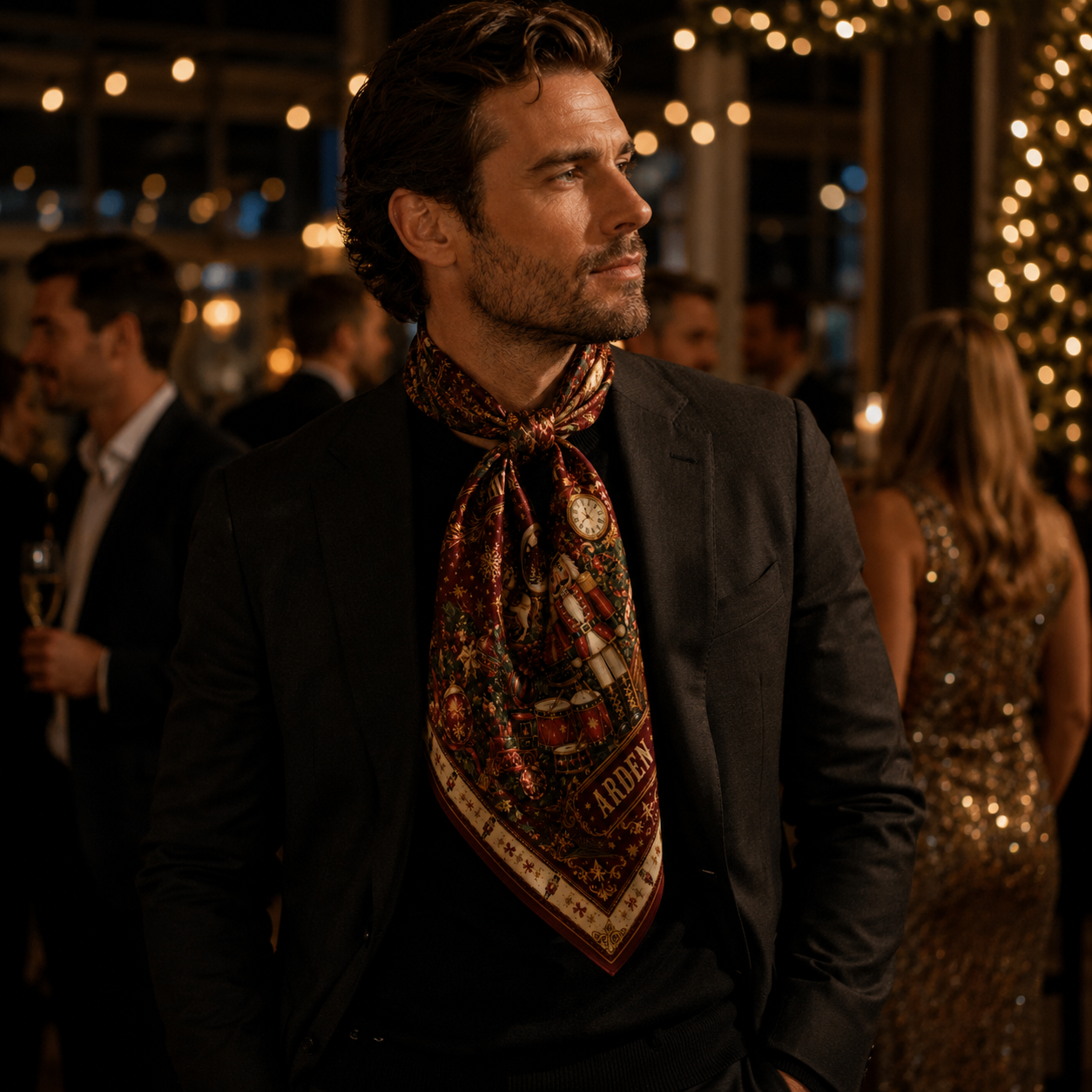 Christmas corporate evening event bandana worn as a neck scarf by a man