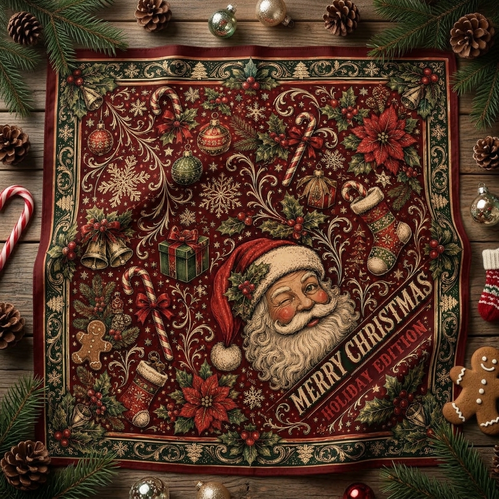 Christmas corporate gift bandana flatlay with a Santa Claus design, styled with pine and candy canes