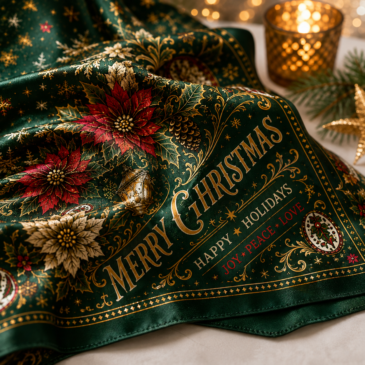 Christmas corporate gift bandana flatlay in emerald green with poinsettia and holly details