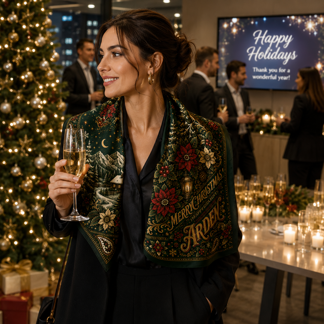 Christmas corporate office party bandana worn as a shawl by a woman