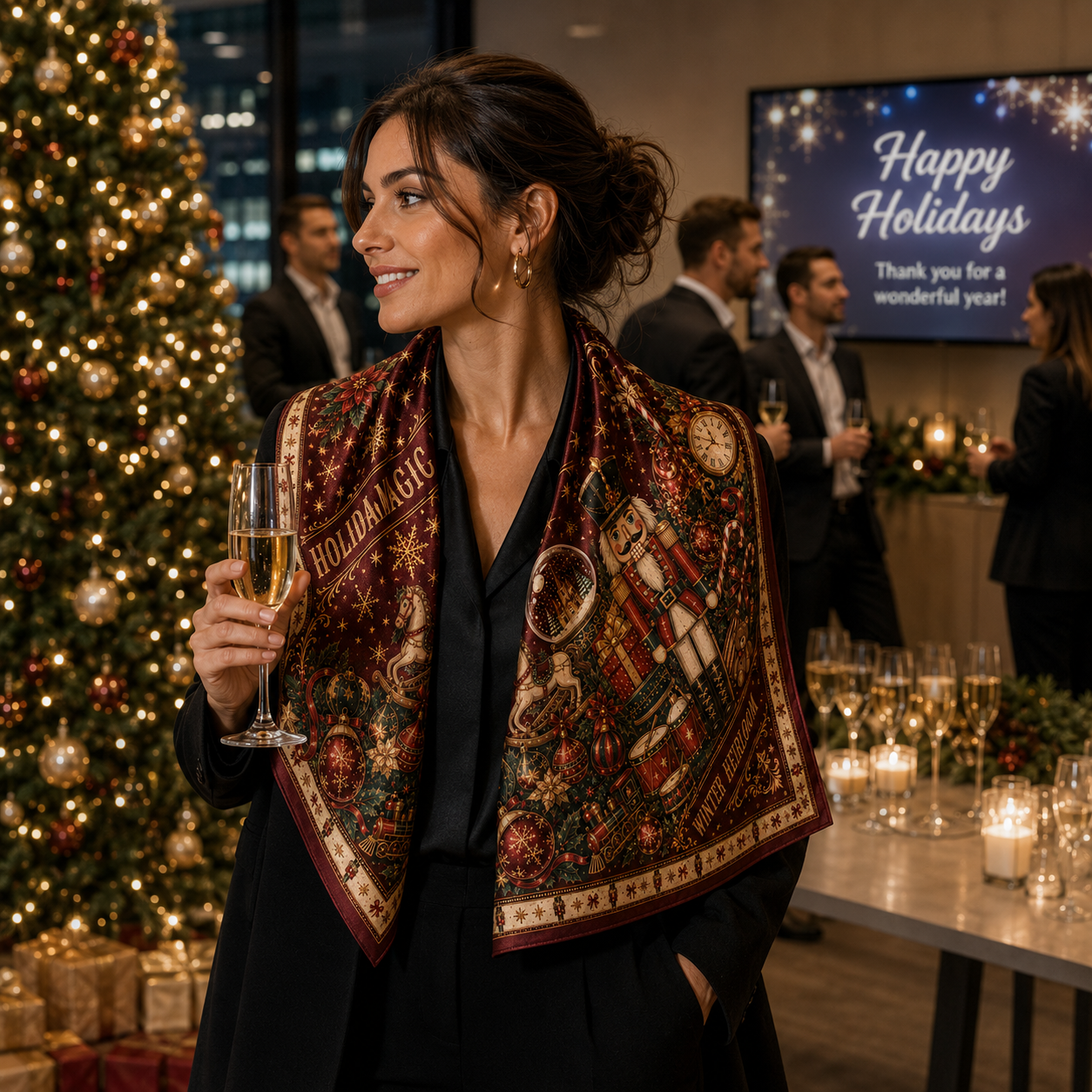Christmas corporate office party bandana worn as a shawl by a woman
