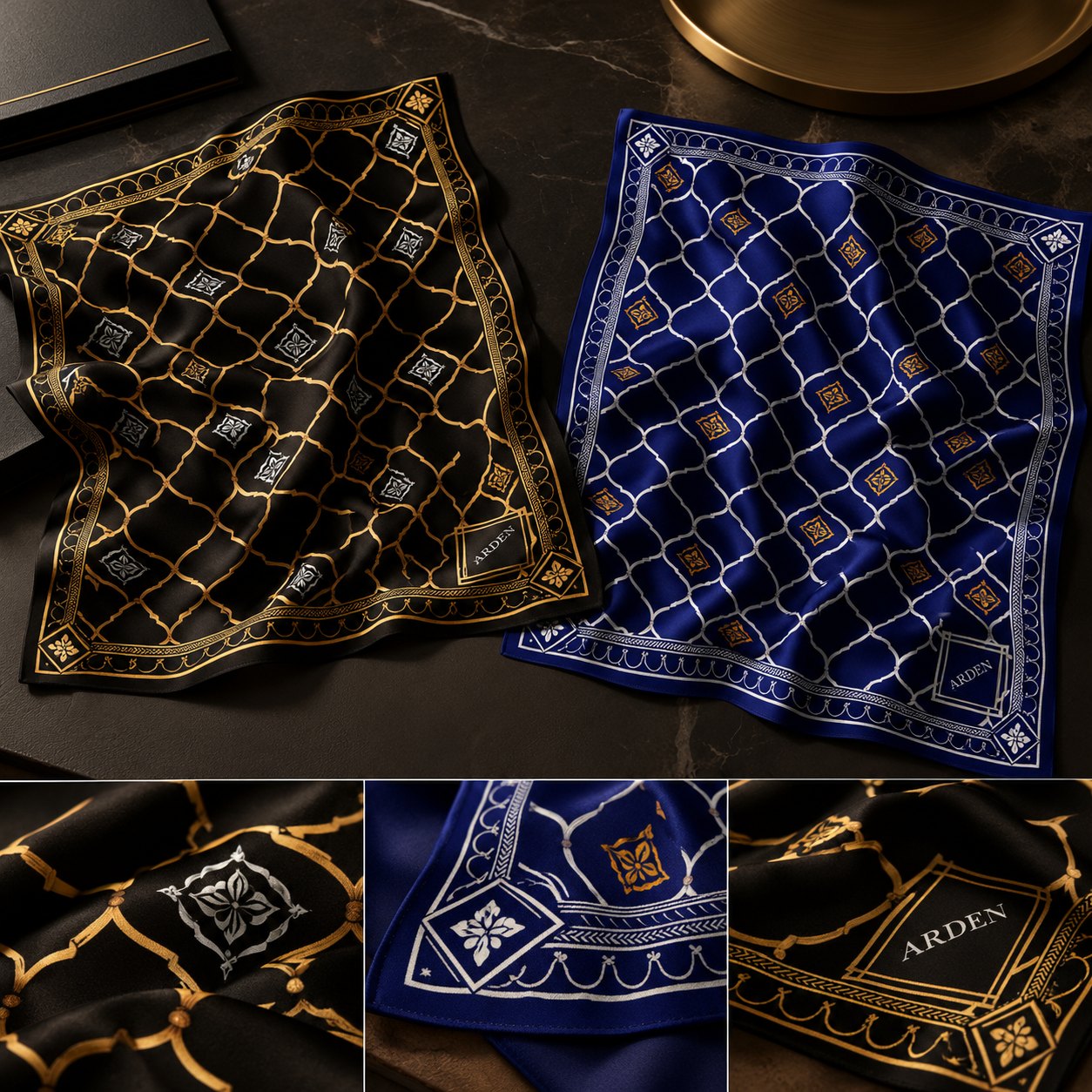 Overhead flatlay of the black and navy ARDEN lattice bandanas on dark marble with three close-up detail panels including the ARDEN mark