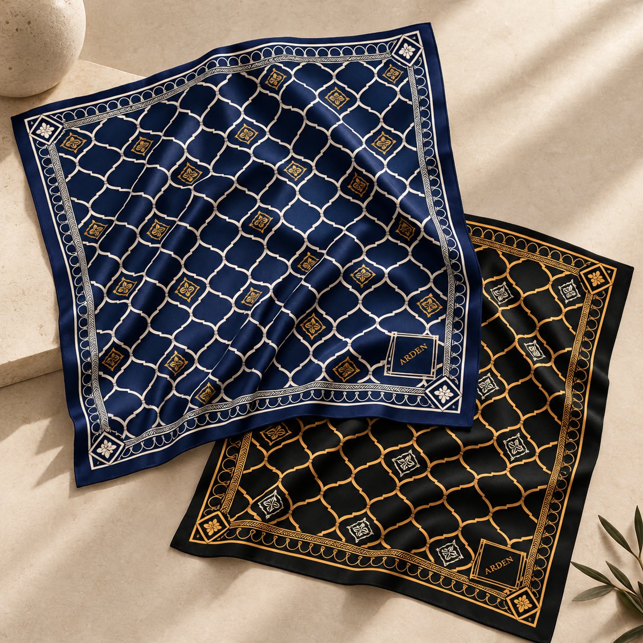 Flatlay of two ARDEN lattice-print bandanas, one navy with silver trim and one black with gold trim, on a sunlit stone surface