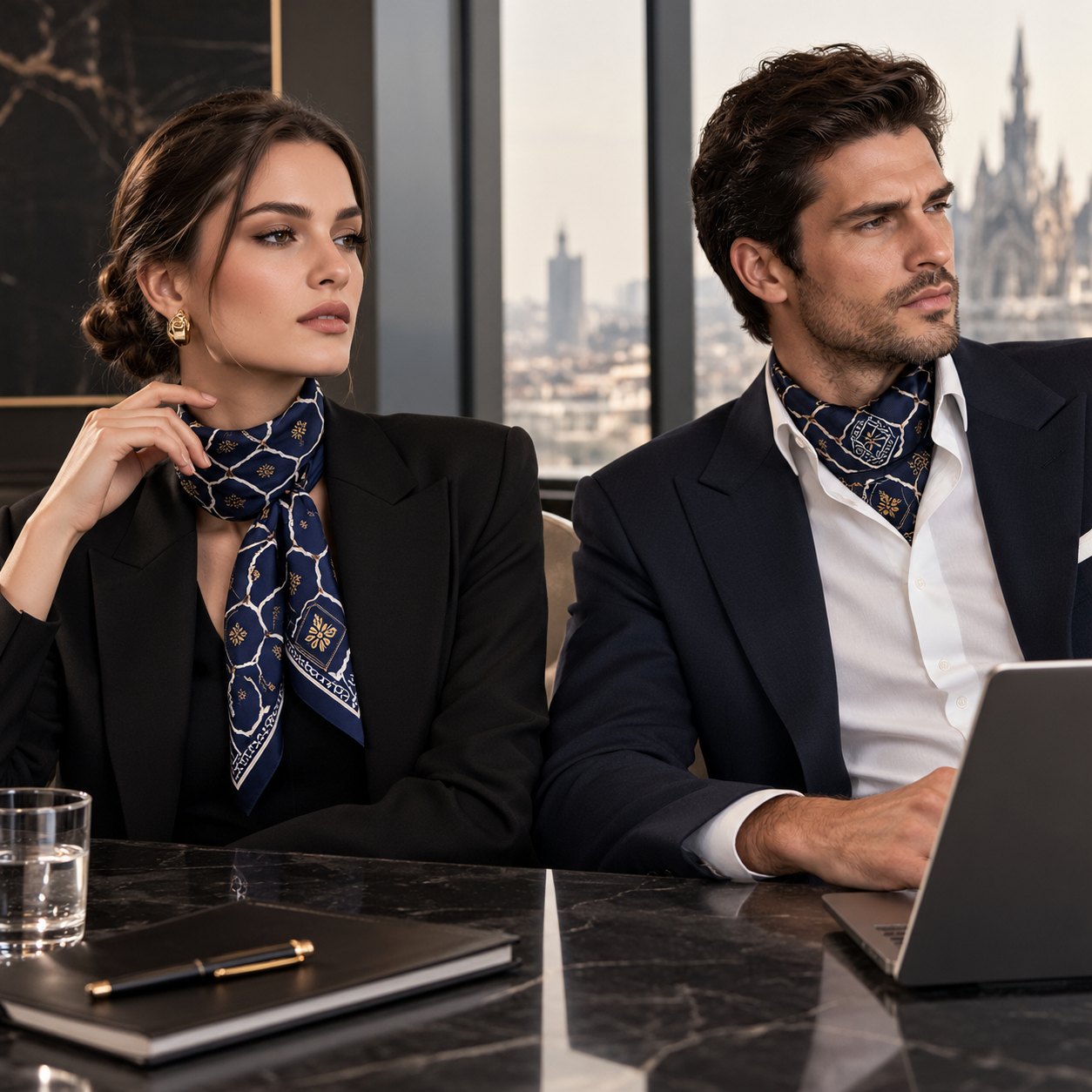 Close portraits of a woman and a man in dark business wear, each wearing the ARDEN lattice-print bandana as a neck scarf