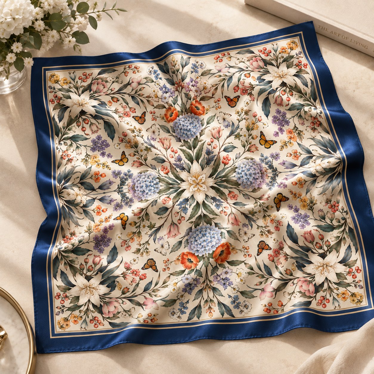 Corporate bandana styled flatlay showing the full floral and butterfly pattern with a navy border beside white flowers and a gold tray