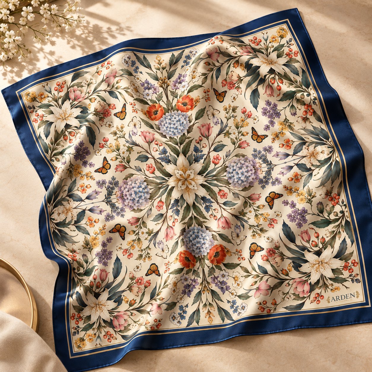 Corporate bandana floral pattern flatlay: cream ARDEN bandana with a navy border, hydrangeas, poppies and butterflies on a marble surface