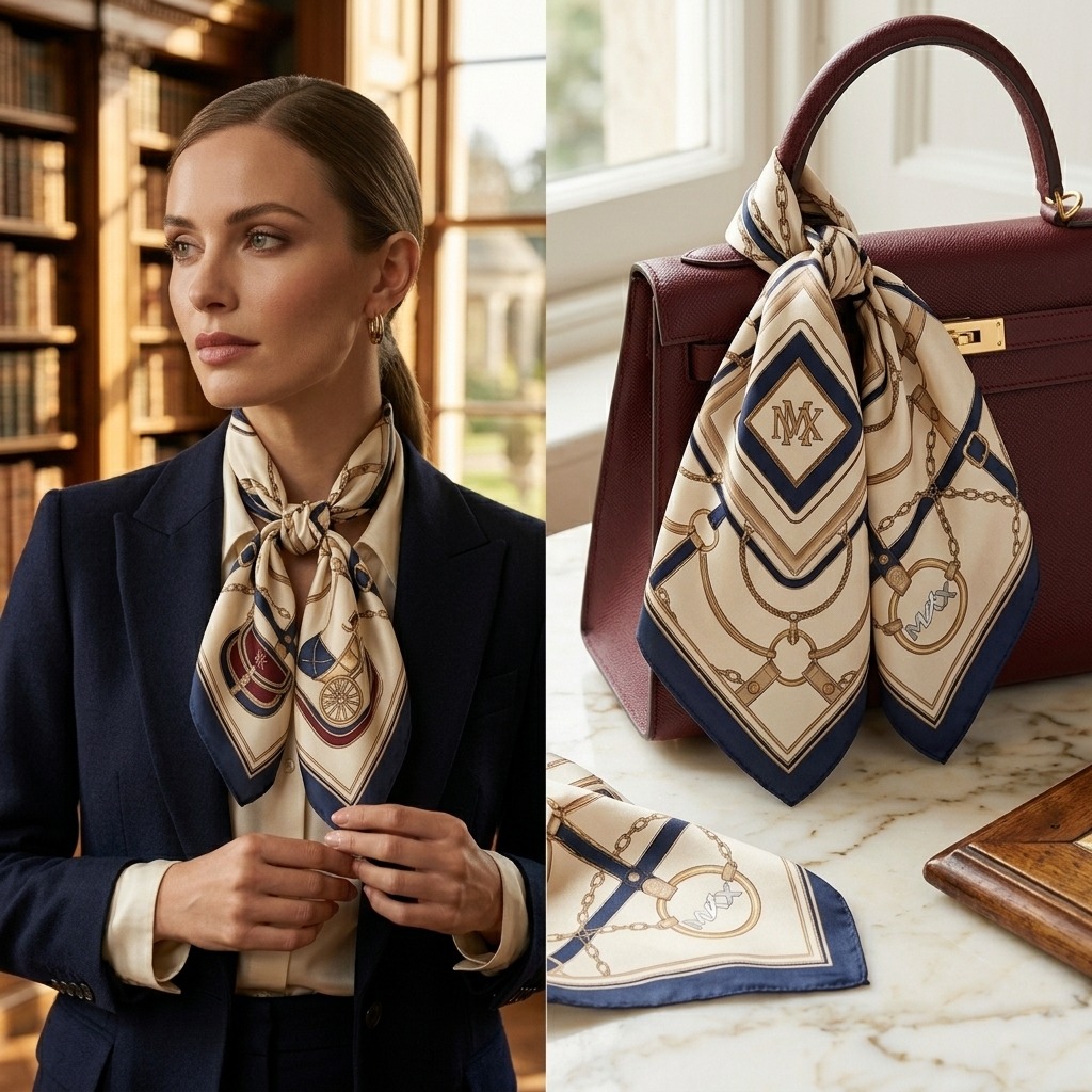 Corporate bandana handbag accessory: worn as a neck scarf and tied to a leather handbag