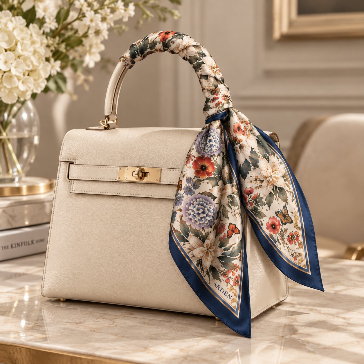 Corporate bandana handbag accessory: a cream, navy and floral ARDEN bandana tied around the handle of a cream leather handbag beside white hydrangeas