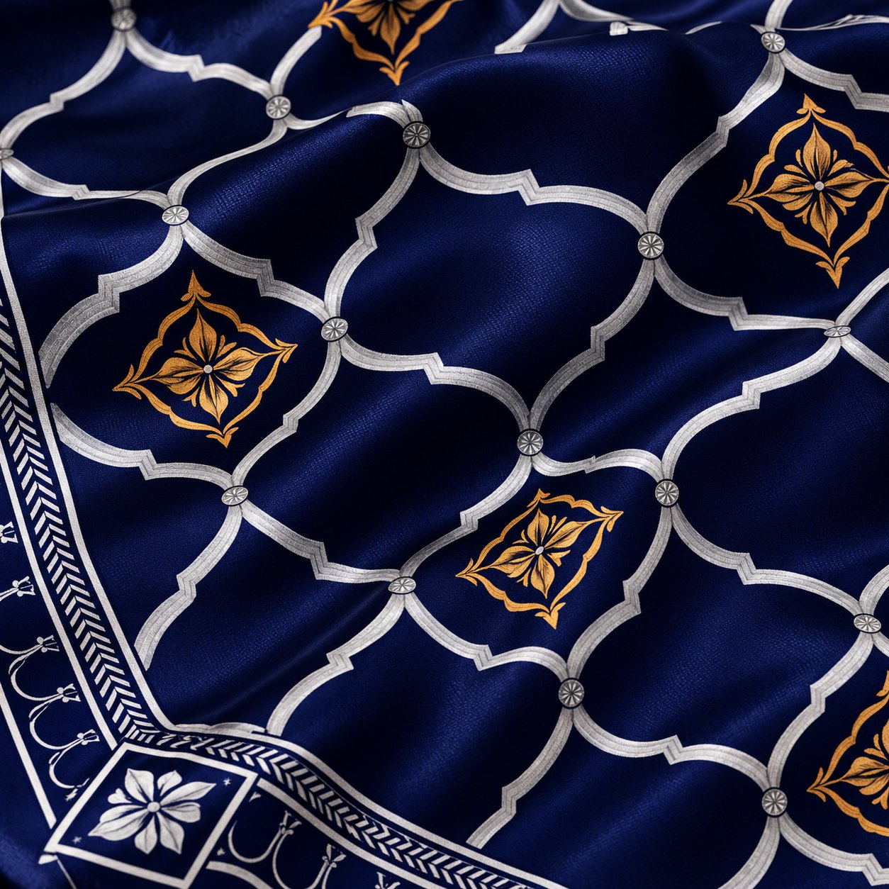 Close-up of the navy ARDEN bandana showing the white lattice, gold floral motifs and decorative border on satin