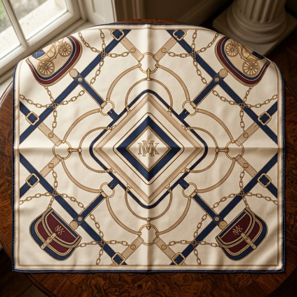 Corporate bandana pattern flatlay showing the full equestrian-chain pattern and center monogram medallion