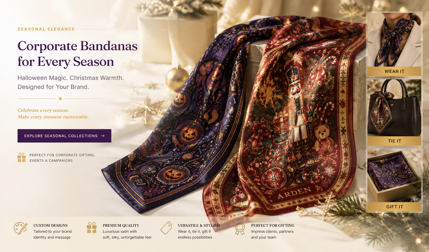 Two corporate holiday bandanas — a purple Halloween pumpkin design and a burgundy Christmas nutcracker design with the ARDEN wordmark — draped together beside gift boxes and ornaments, with inset photos showing the bandana worn as a neck scarf, tied to a handbag, and packaged as a gift