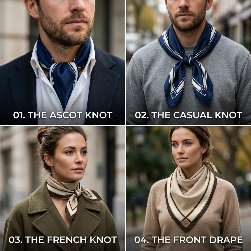 Four ways to wear the ARDEN bandana: the ascot knot, the casual knot, the French knot and the front drape