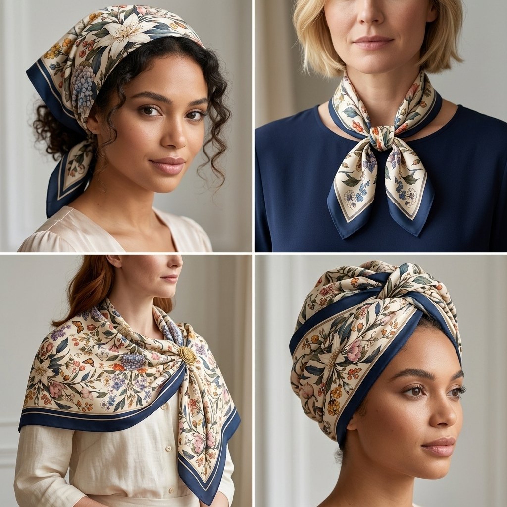 Ways to wear the ARDEN floral corporate bandana: as a headscarf, a neck bow, a shoulder wrap with a gold brooch and a turban