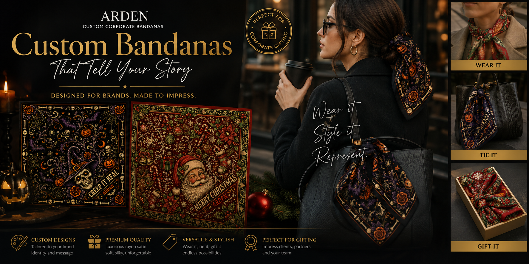 ARDEN corporate holiday bandana collection featuring Halloween and Christmas seasonal designs