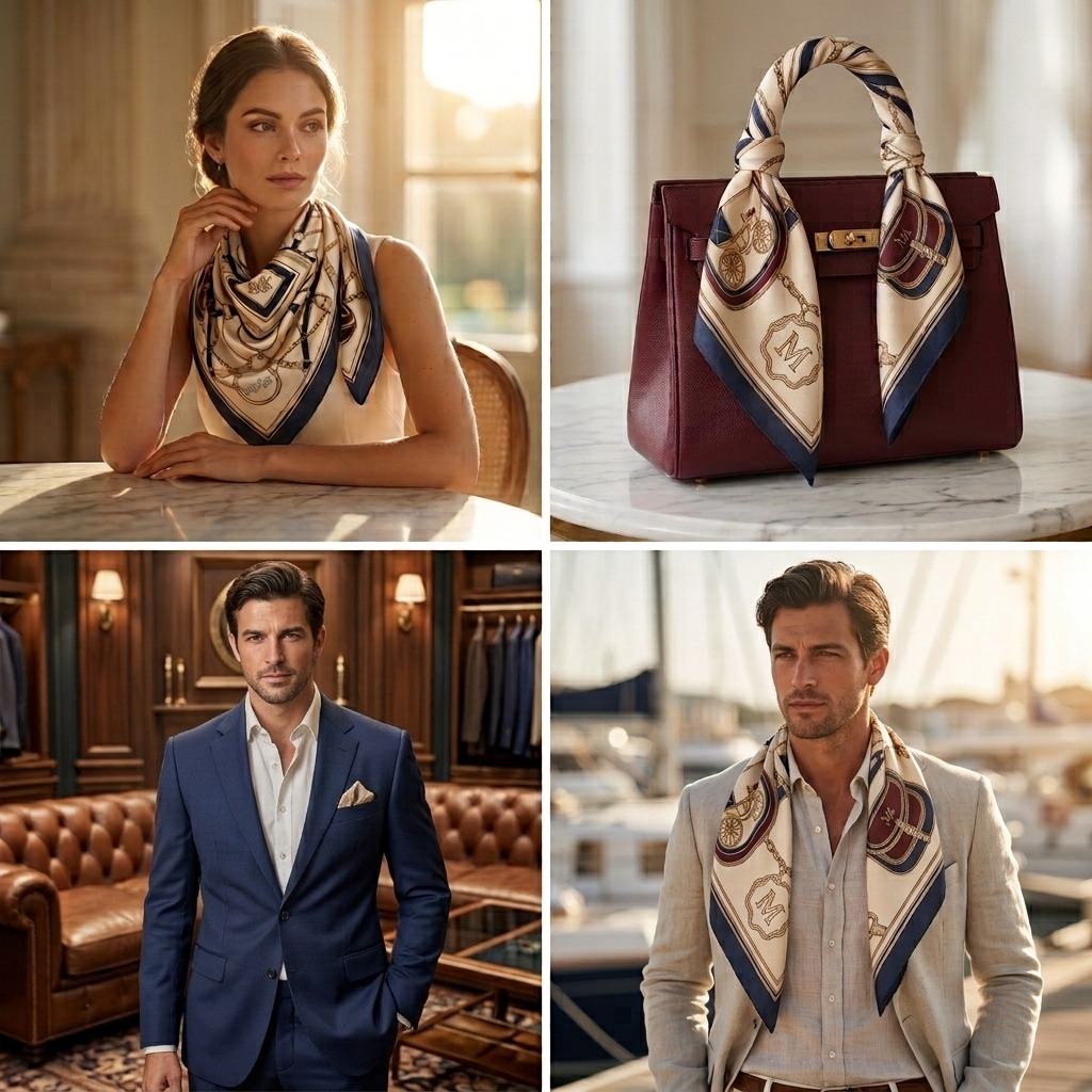 Custom branded bandana executive gifting styling: worn as a neck scarf and tied to a handbag