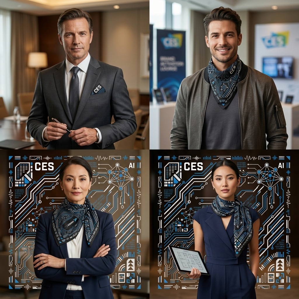 Custom branded bandana trade show styling: four examples worn by attendees at a technology trade show