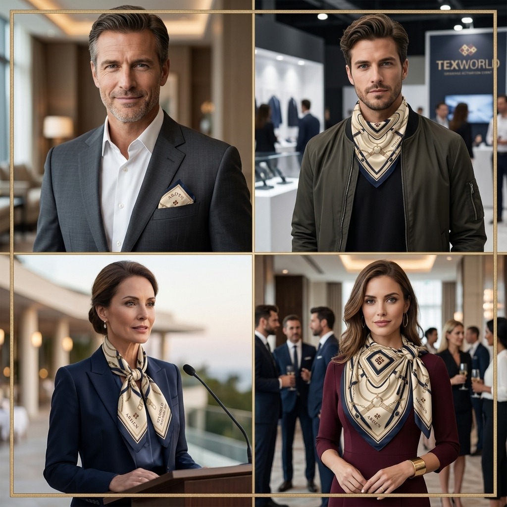 Custom branded bandana trade show styling: four examples including a Texworld trade show and a keynote address