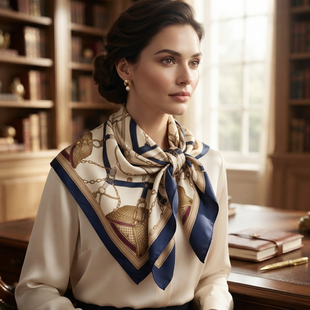 Executive corporate gift bandana in navy and gold equestrian-chain pattern, worn in an executive library