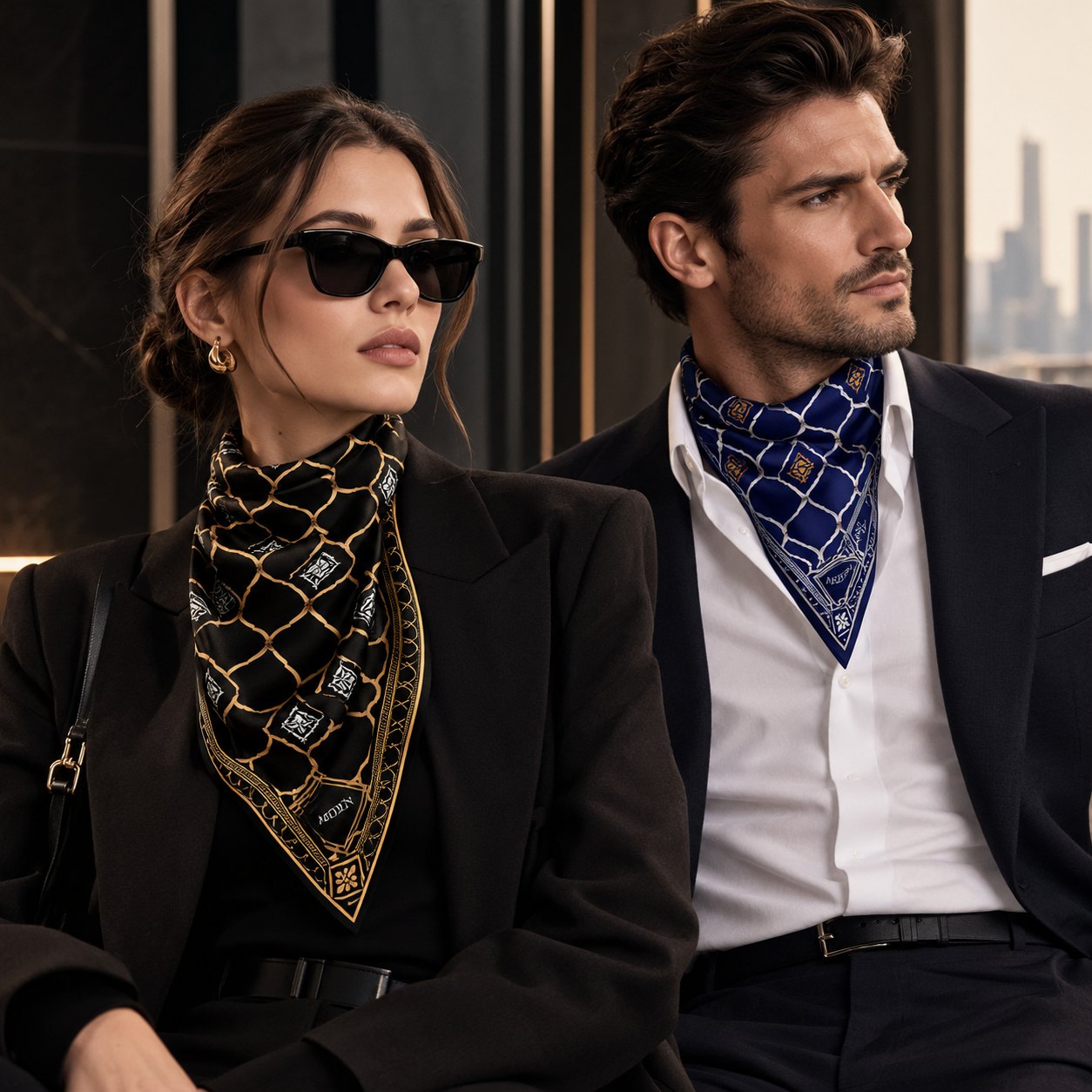 A woman wearing the black and gold lattice-print ARDEN bandana as a neck scarf beside a man wearing the navy version, seated in a marble and glass executive office