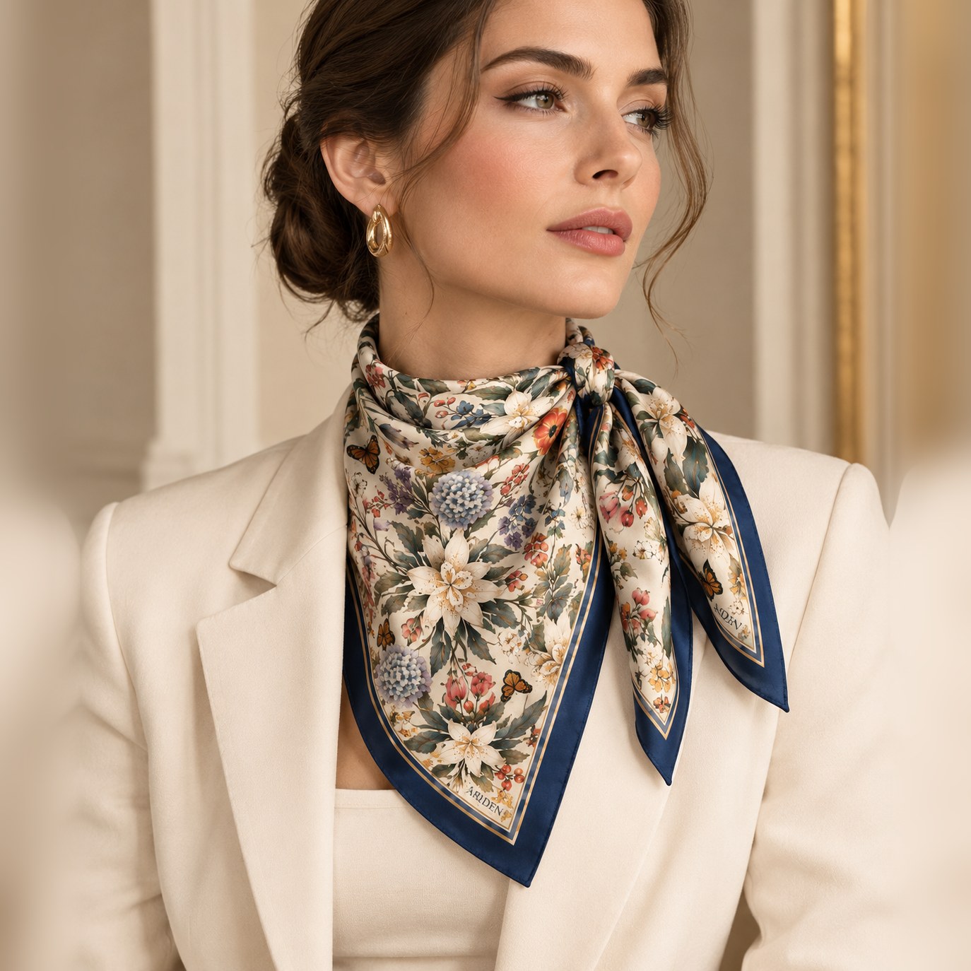 Executive corporate gift bandana worn as a knotted neck scarf with a cream blazer, showing the navy border and floral pattern