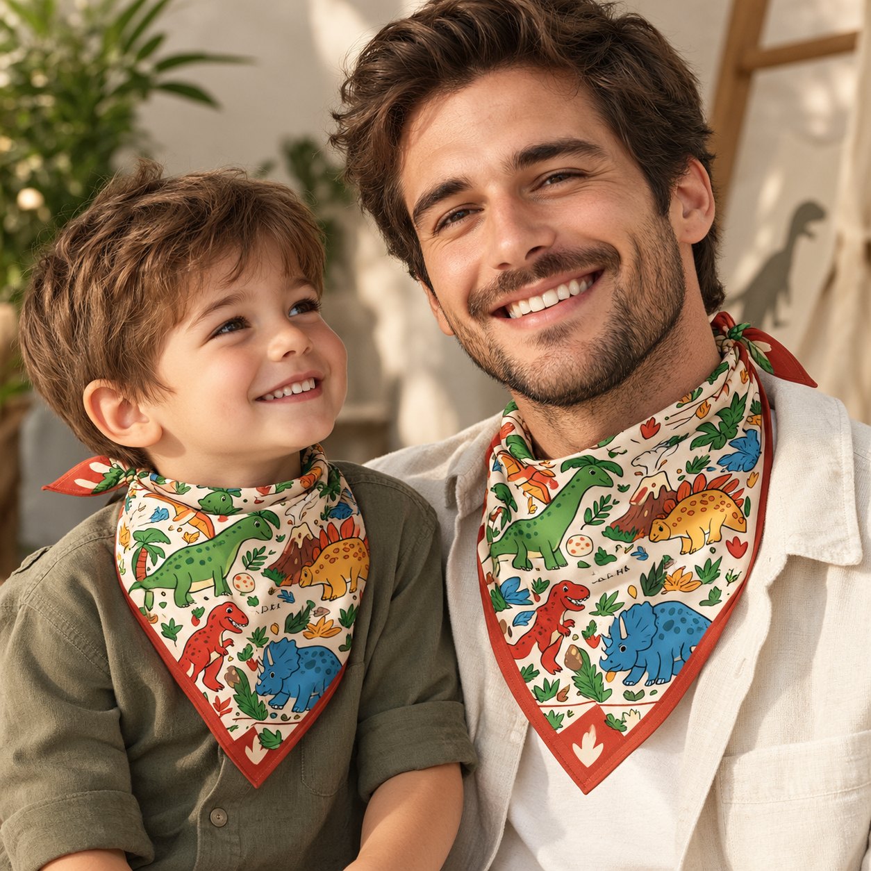 Father and son both wearing the ARDEN dinosaur bandana as a neckerchief, showing the red border and dinosaur print