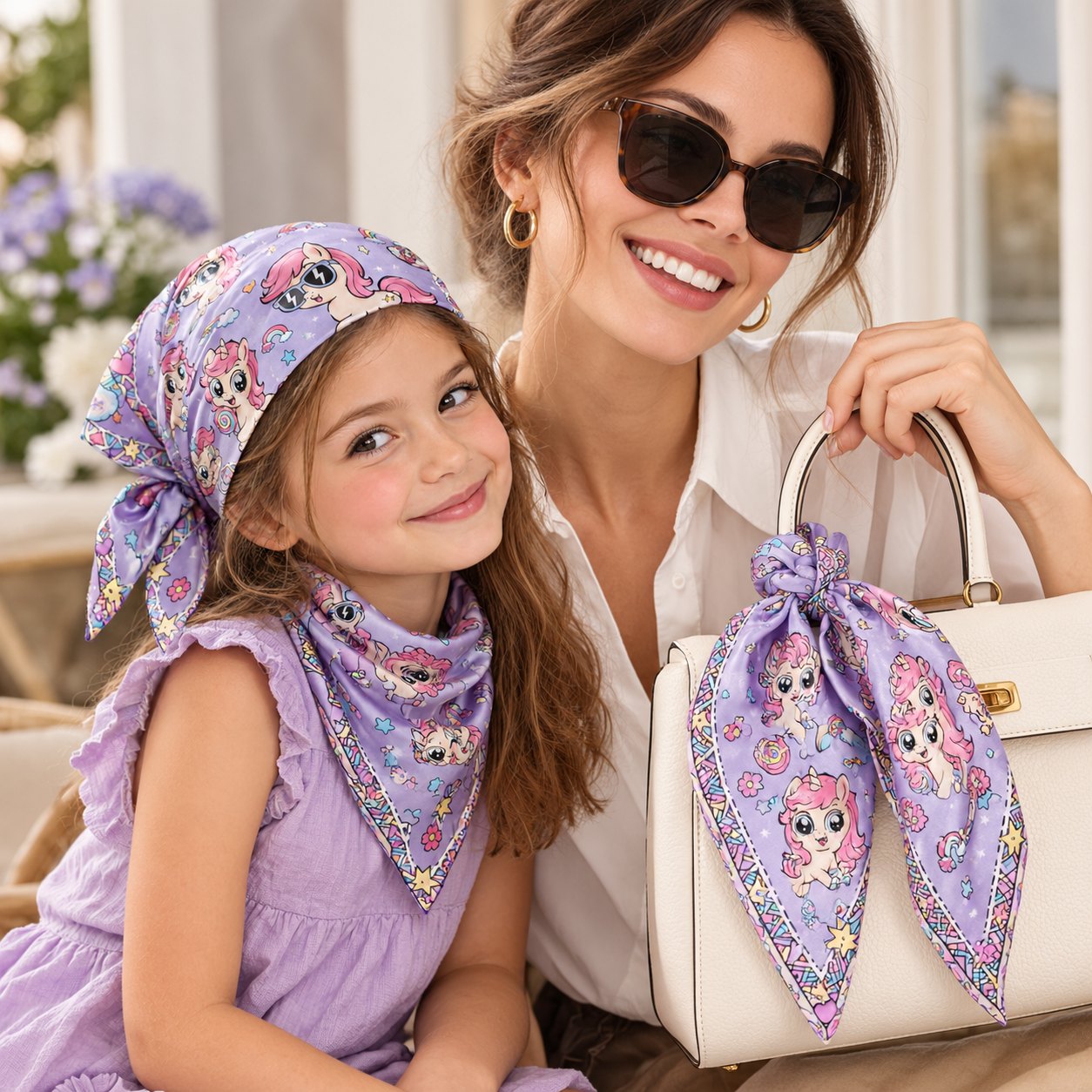 Girl wearing the ARDEN pony and unicorn bandana as a headscarf and neckerchief beside her mother, who ties a second bandana to a handbag