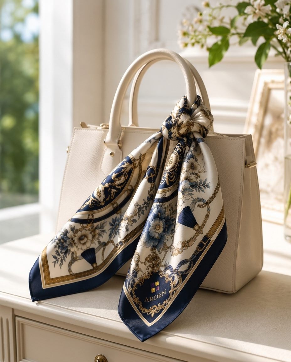 ARDEN Corporate Bandana in navy and gold equestrian-floral print, tied as a designer bag charm on a cream leather handbag