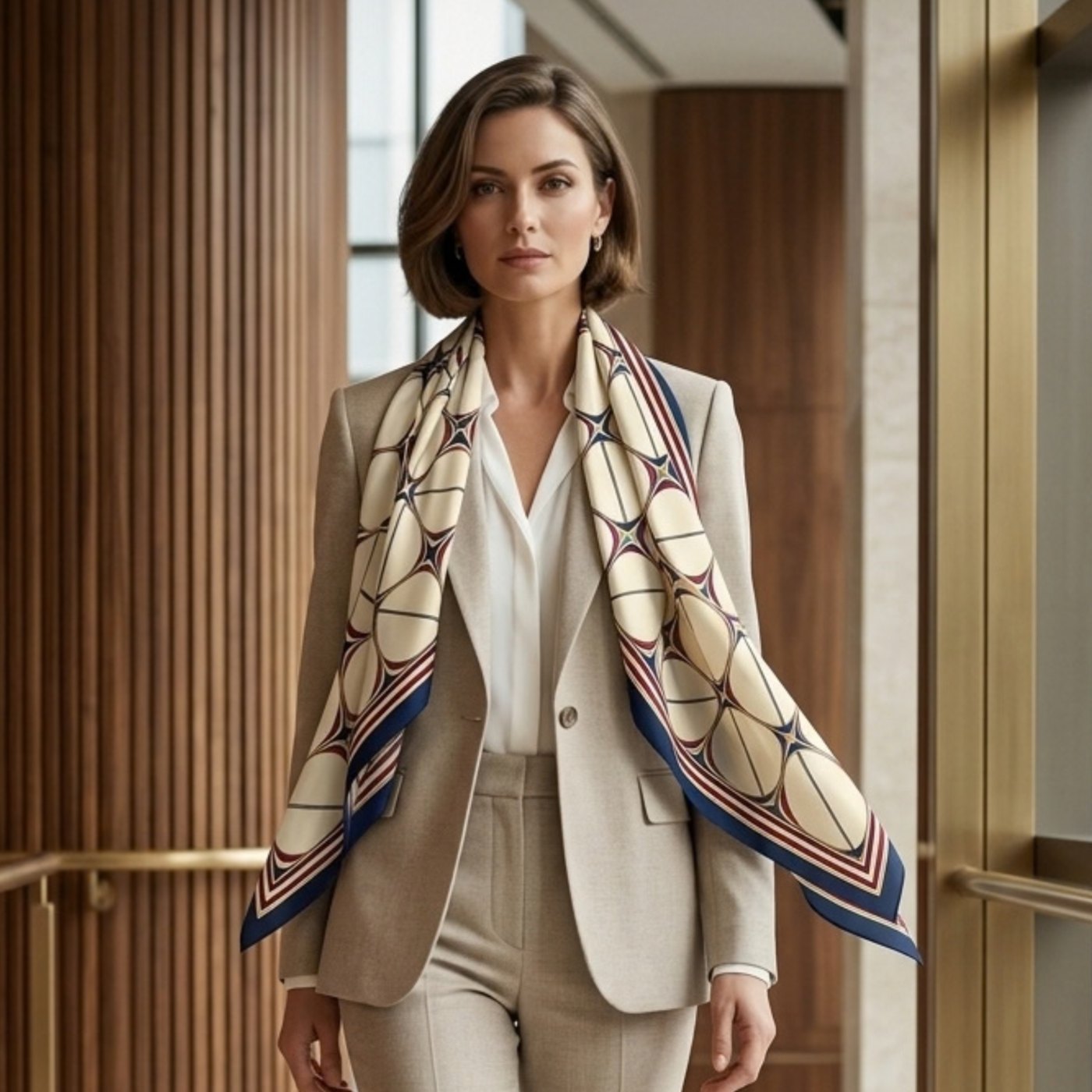 Businesswoman in a beige blazer walking through a modern office corridor with the ARDEN geometric corporate bandana draped over both shoulders