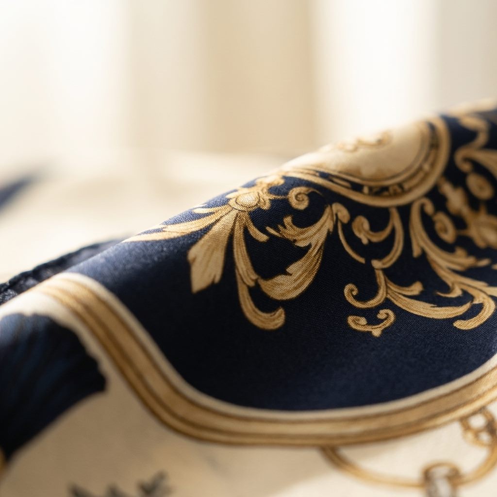 Close-up of the ARDEN Corporate Bandana's rayon satin weave and gold scrollwork border with Italian machine-stitched edge