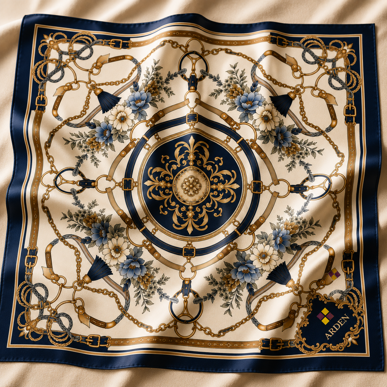 Flat lay of the ARDEN Corporate Bandana on ivory satin fabric, showing the complete navy and gold equestrian-floral pattern