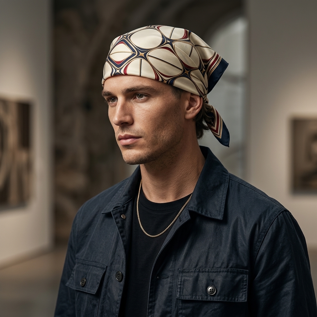 Man wearing the ARDEN geometric corporate bandana as a head wrap in a modern gallery setting