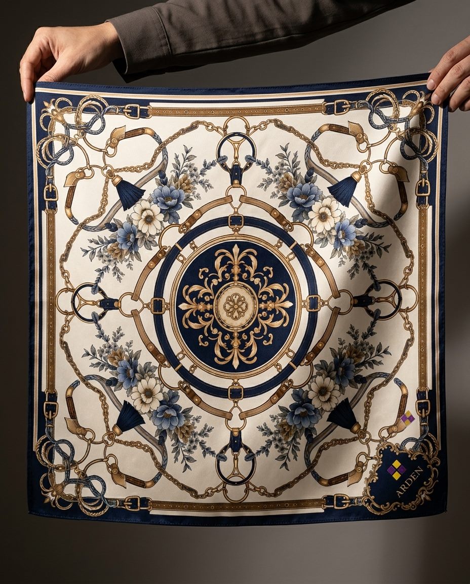 Two hands holding open the full ARDEN Corporate Bandana, showing the navy and gold equestrian-chain and floral pattern with the ARDEN emblem