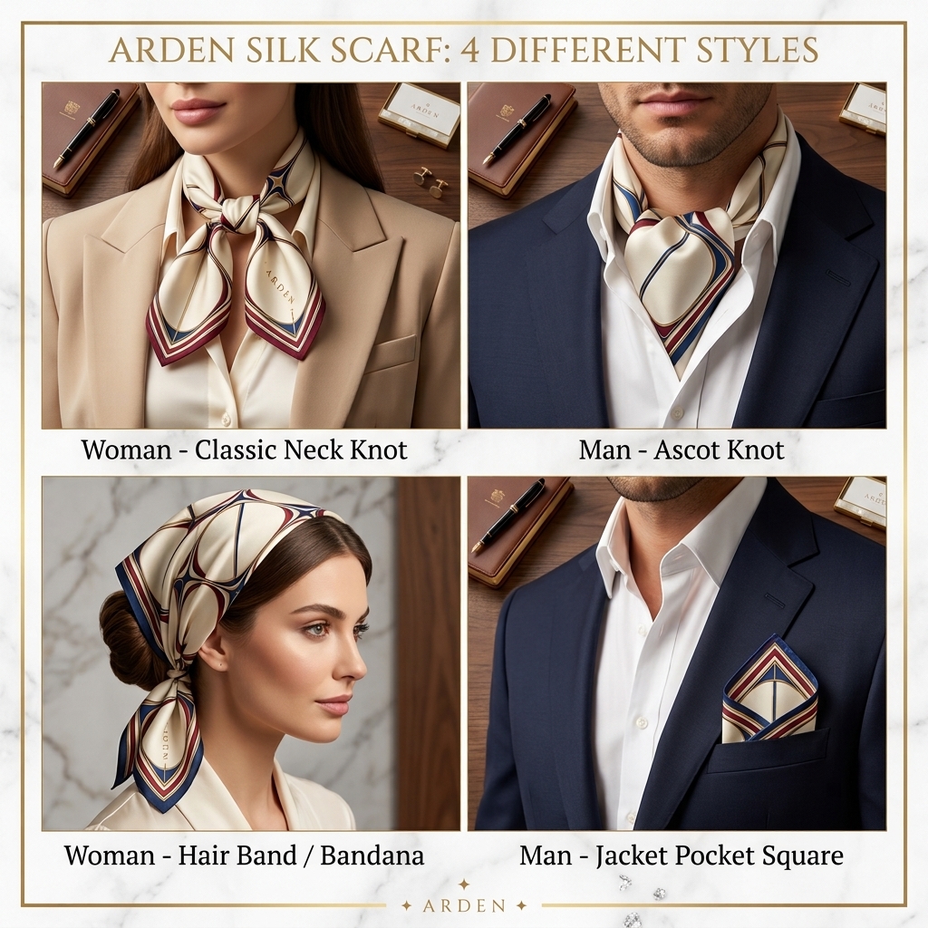 Four ways to wear the ARDEN geometric corporate bandana: classic neck knot, ascot knot, hair band and jacket pocket square