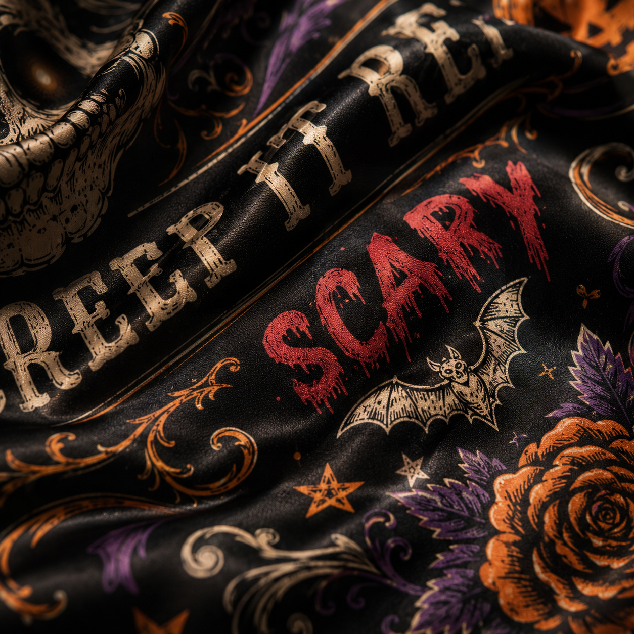 Halloween bandana fabric detail showing a bat, rose and Gothic lettering pattern