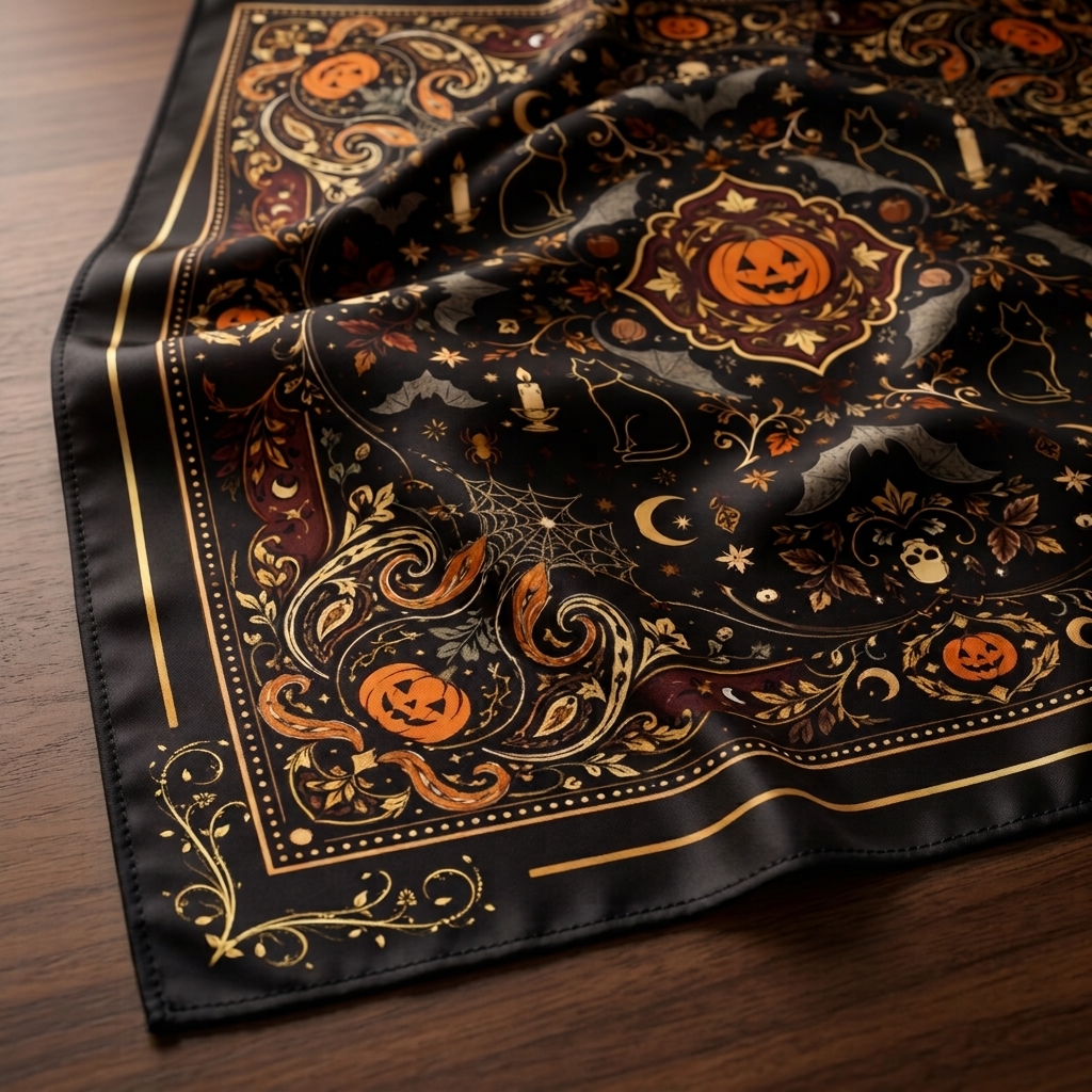 Halloween bandana fabric detail with pumpkin, bat and black cat motifs