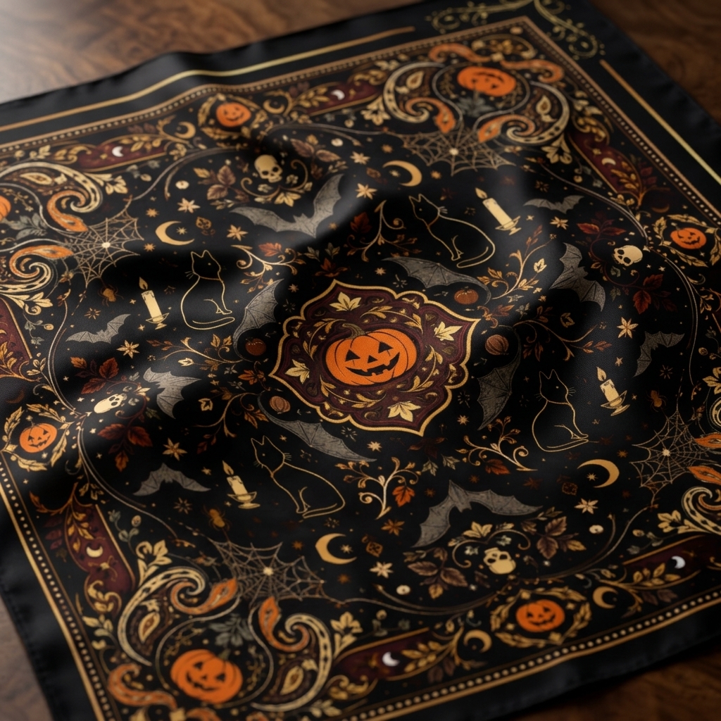 Halloween bandana flatlay showing a jack-o'-lantern medallion and paisley border pattern